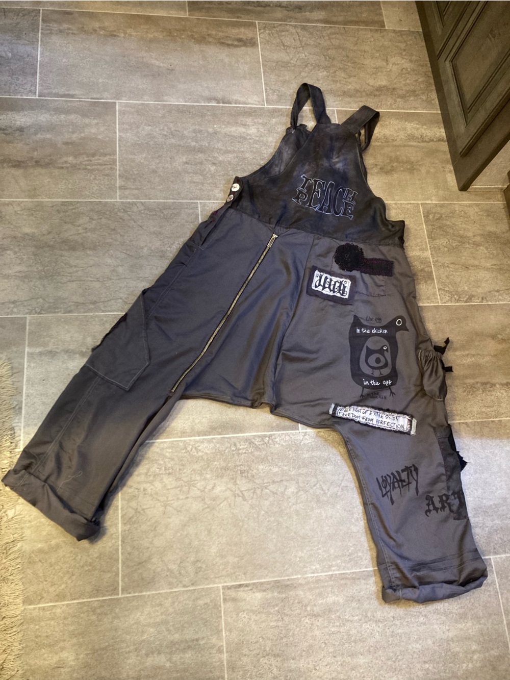“Clochard de Luxe “ Gray Patchwork Overalls with Black Accents - Picture 4 of 11